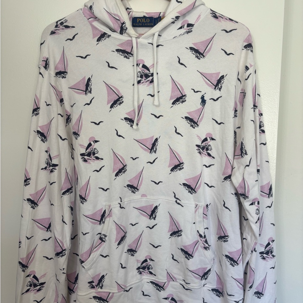 Ralph Lauren White Hoodie with Pink and Black Print